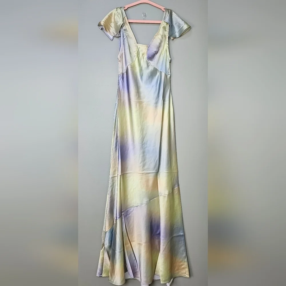 WeWoreWhat Watercolor Silky Charmeuse Midi Slip Dress, Cap Flutter Sleeve Size 0